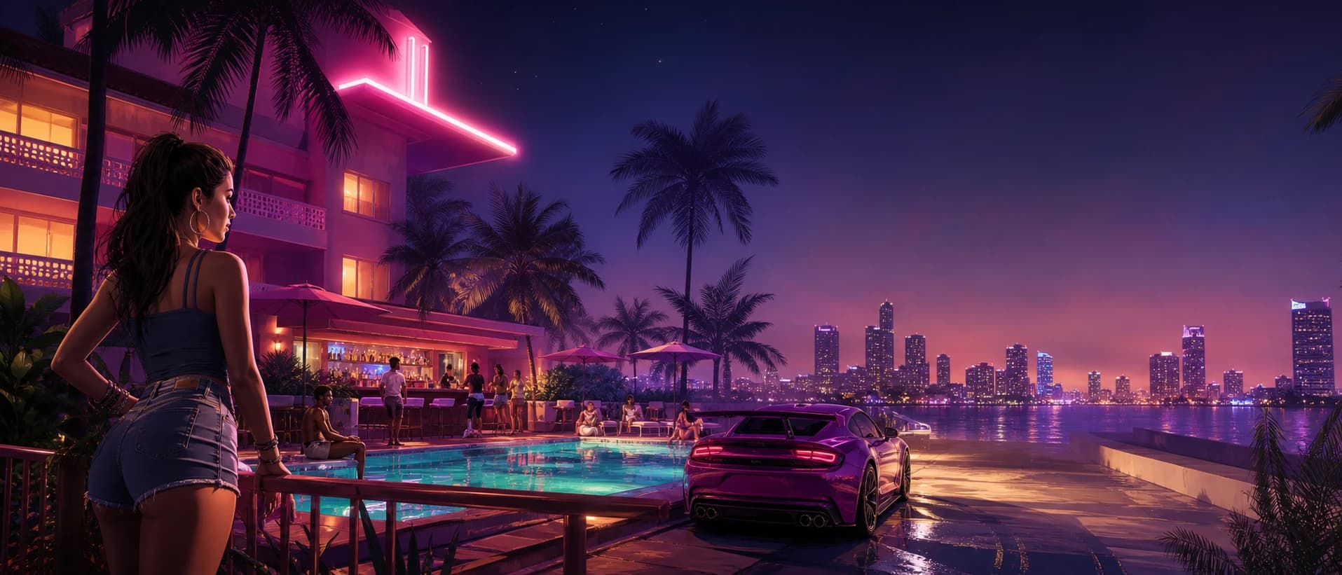 Noche costera con neón, palmeras y piscina